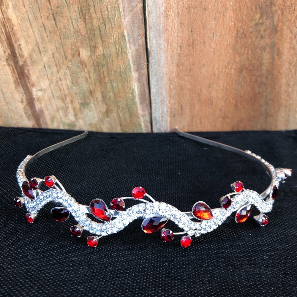 Red Jeweled Head Band Silver Metal NEW